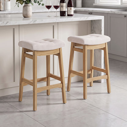 Set of 2 Chenille Upholstered Bar Stools with Wooden Base