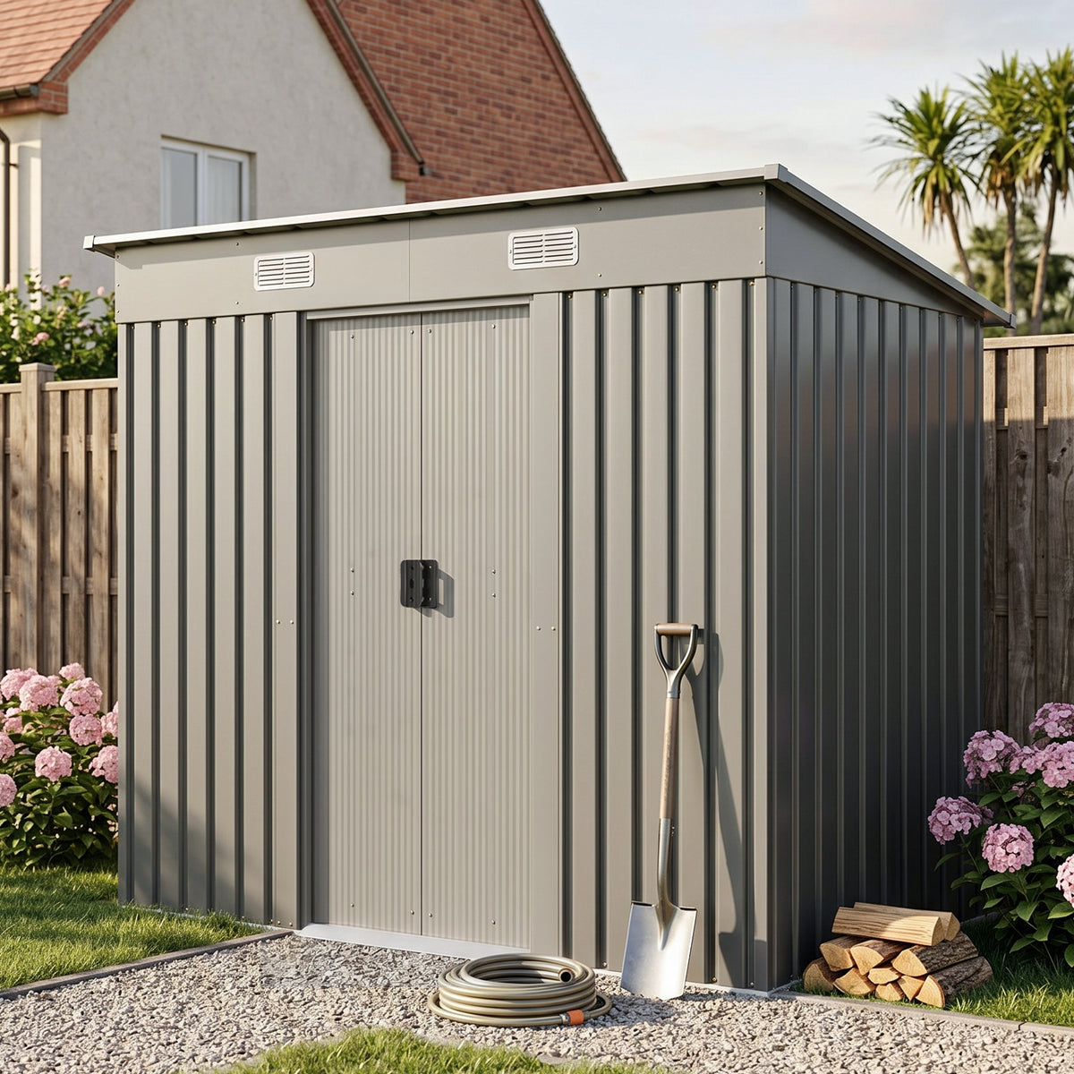 8 x 4 ft Metal Garden Storage Shed with Pent Roof & Lockable Double Doors
