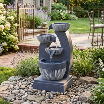 4-Tiered Garden Cascading Water Fountain with LED Lights Bowls Decorated