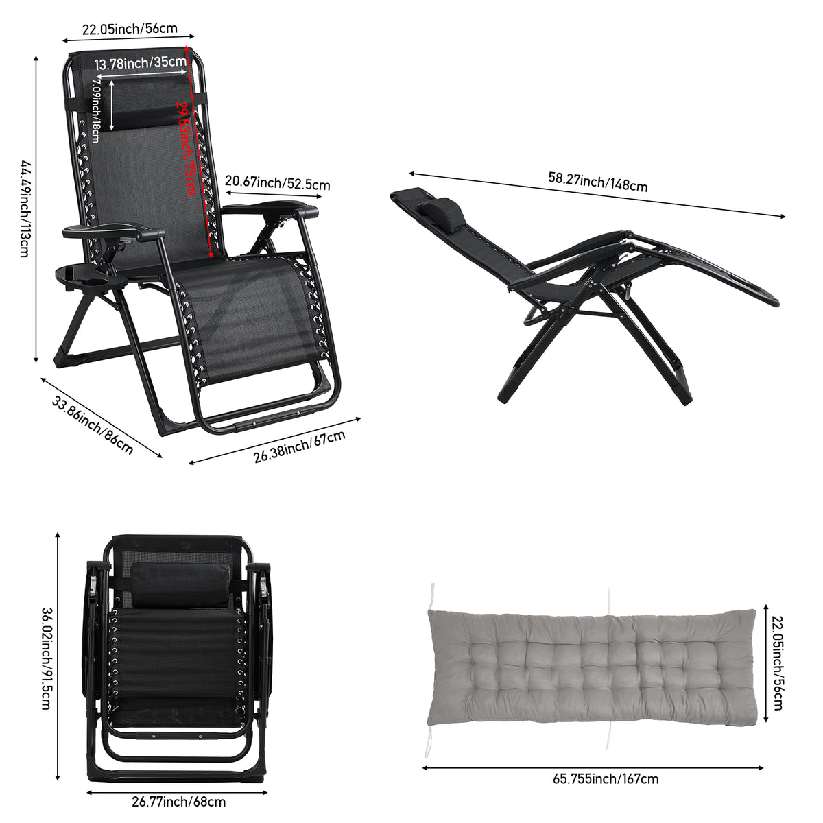 Zero Gravity Outdoor Recliner with Seat Cushion & Headrest