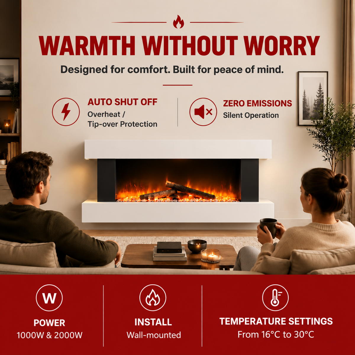 52 Inch Contemporary Wall Mounted Electric Fire with Mantel