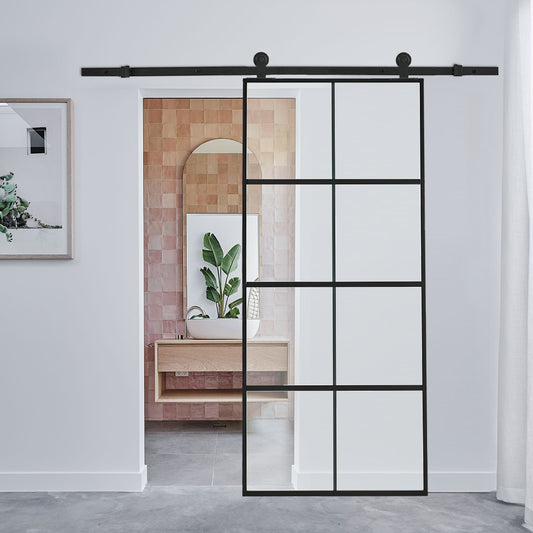 8 Lites Black Framed Transparent Glass Sliding Door without Sliding Hardware Kit
