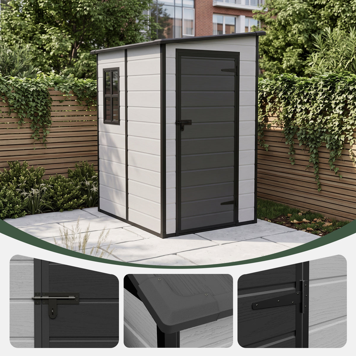 4 x 5 ft Plastic Garden Storage Shed with Pent Roof & Lockable Door