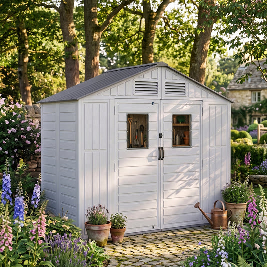 8 x 4 ft Plastic Garden Storage Shed with Apex Roof & Double Doors