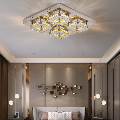 Select Dimmable Option Square Large-size Glamourous Crystal LED Ceiling Light