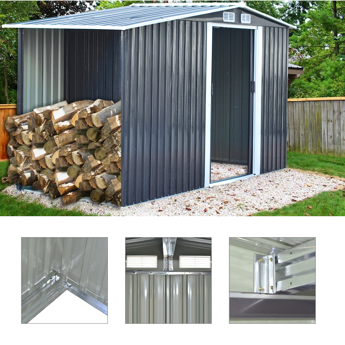 8x4ft Metal Garden Storage Shed with Log Store Apex Roof Sliding Doors
