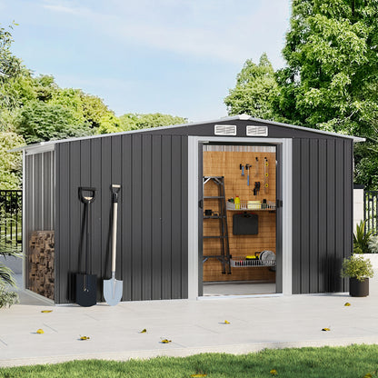 Metal Garden Storage Shed with Apex Roof & Integrated Log Store