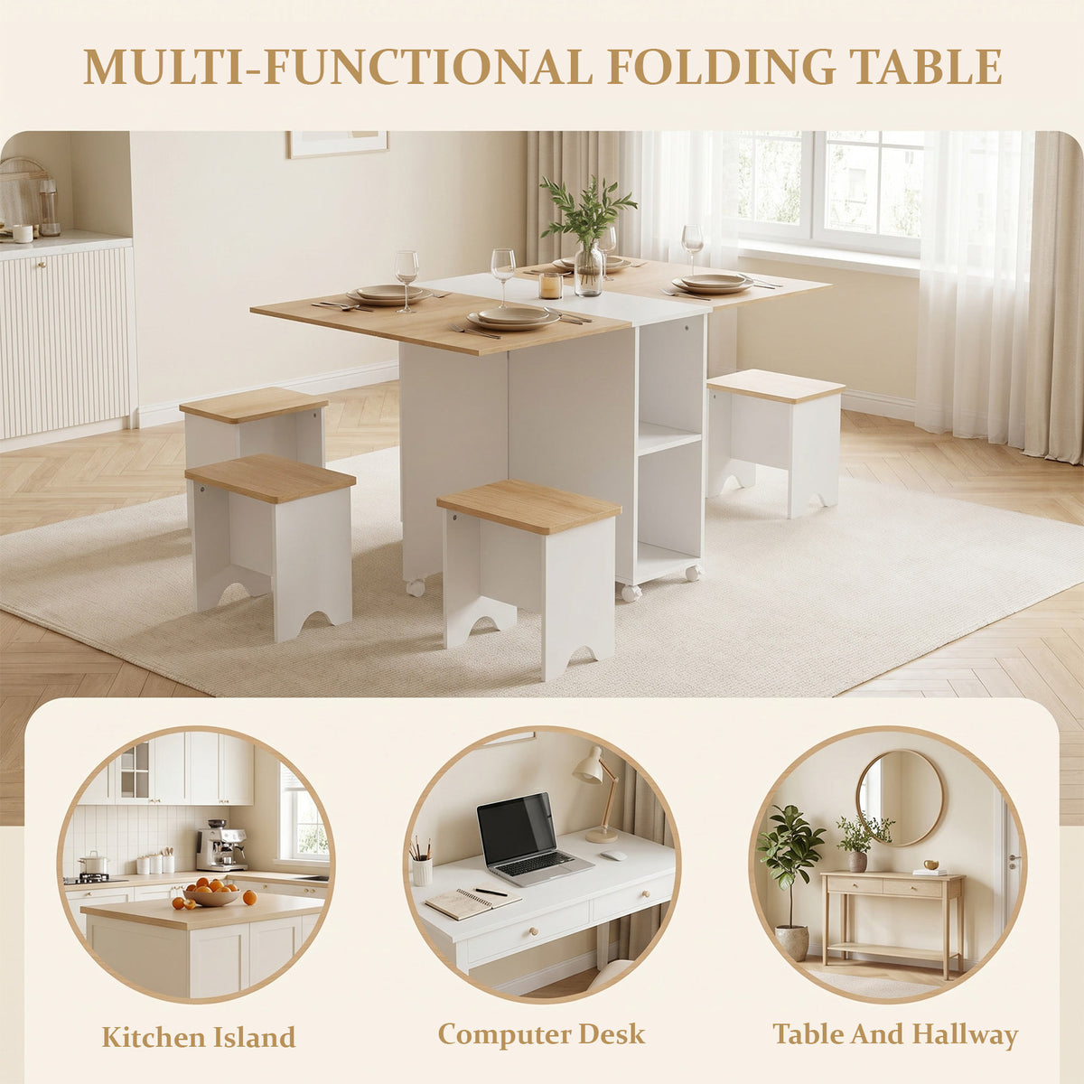 Drop Leaf Dining Table Set with 4 Stools