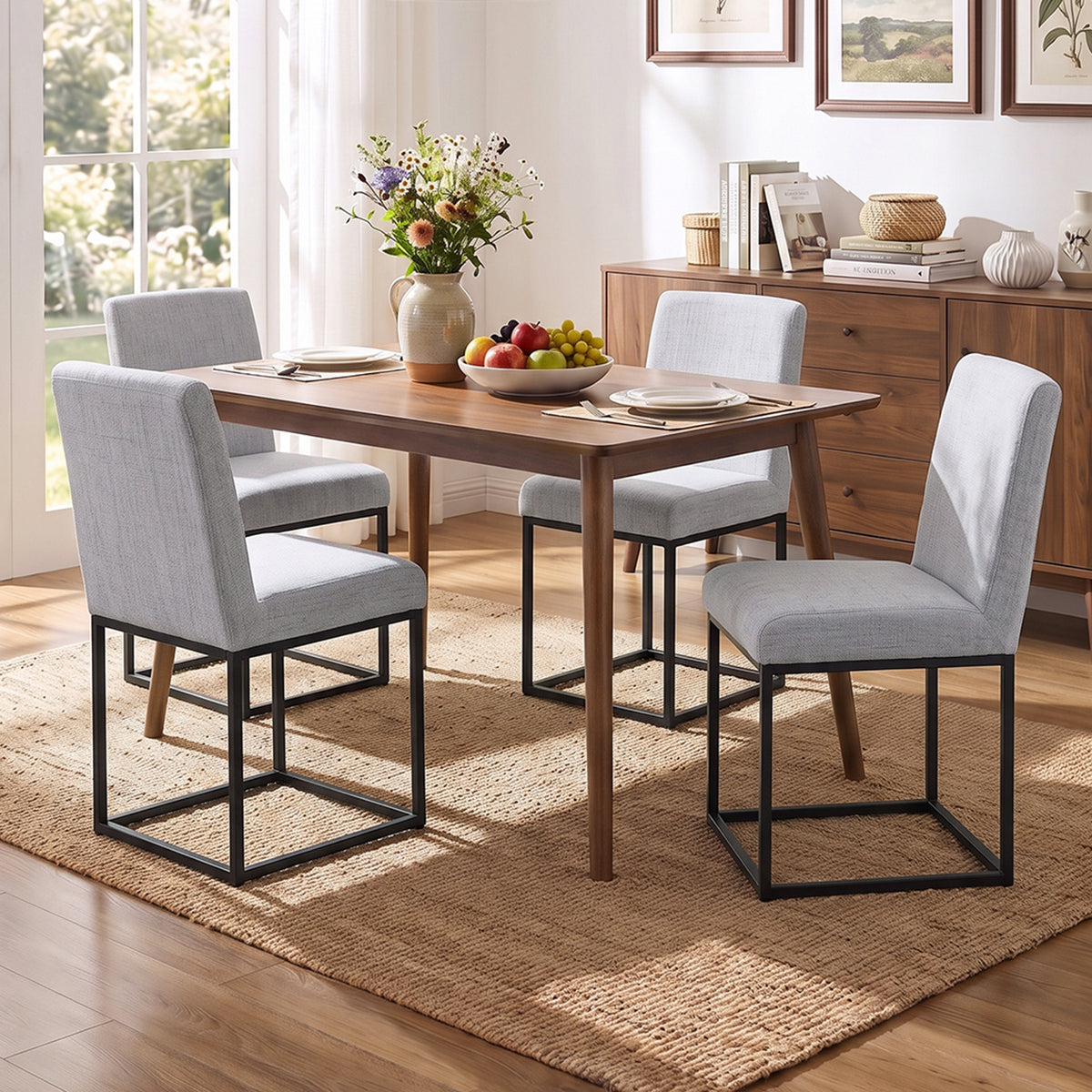 Set of 2 Chenille Upholstered Dining Chairs with Black Metal Legs