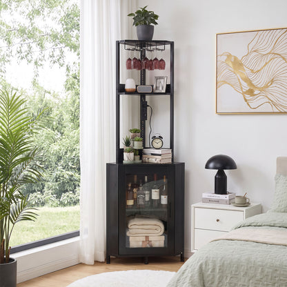 Industrial Tall Corner Bar Cabinet with Power Socket & LED Lighting