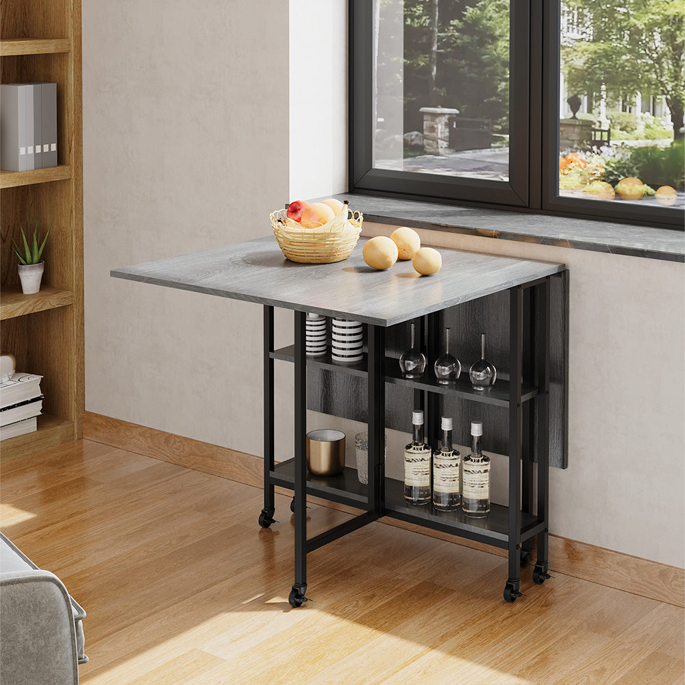 Folding Dining Table with Wheels and Storage Shelves