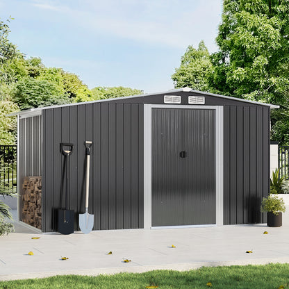 Metal Garden Storage Shed with Apex Roof & Integrated Log Store