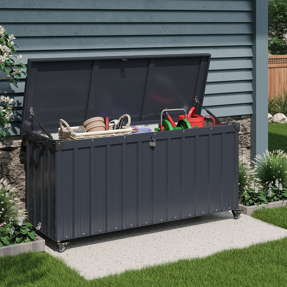 550L Metal Garden Storage Box with Wheels & Lockable Lid