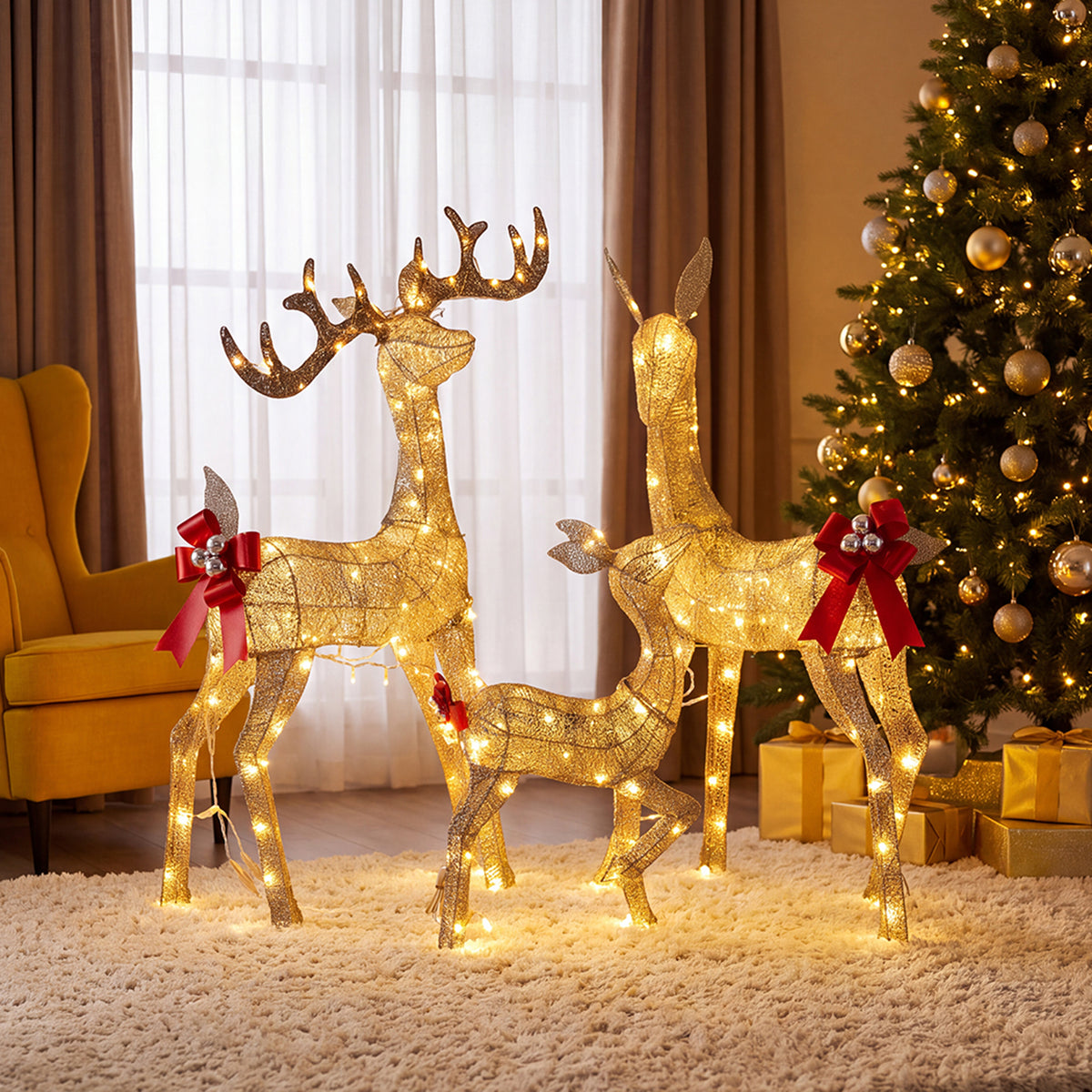 3-Piece Christmas Champagne Lighted Reindeer Family Set