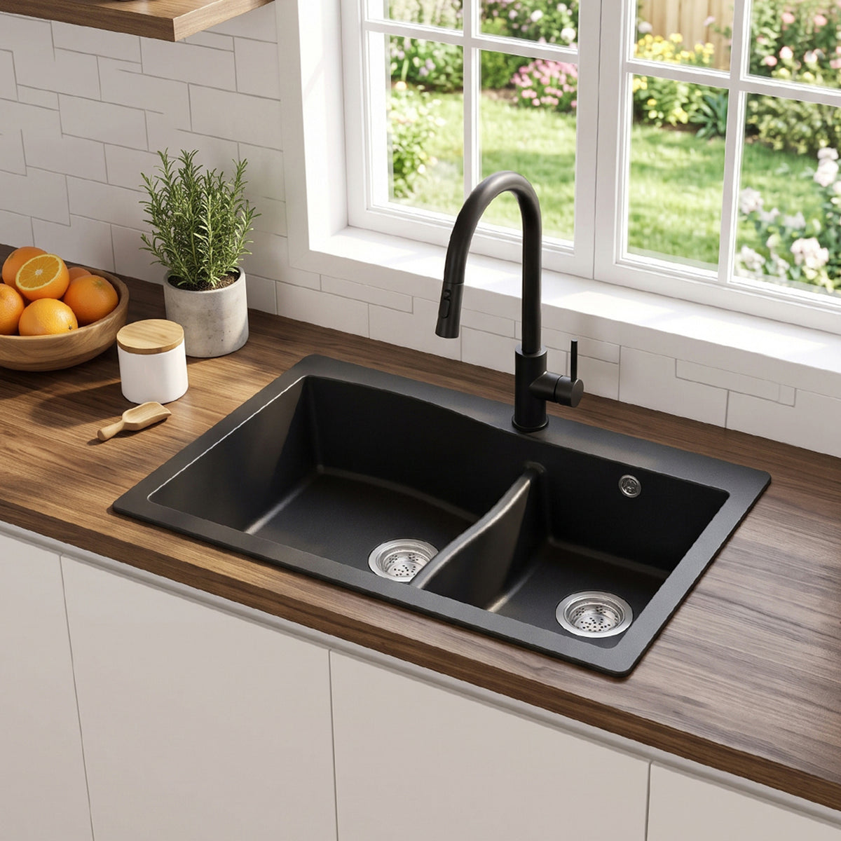 Modern Double Bowl Quartz Resin Composite Kitchen Sink with Waste Kit