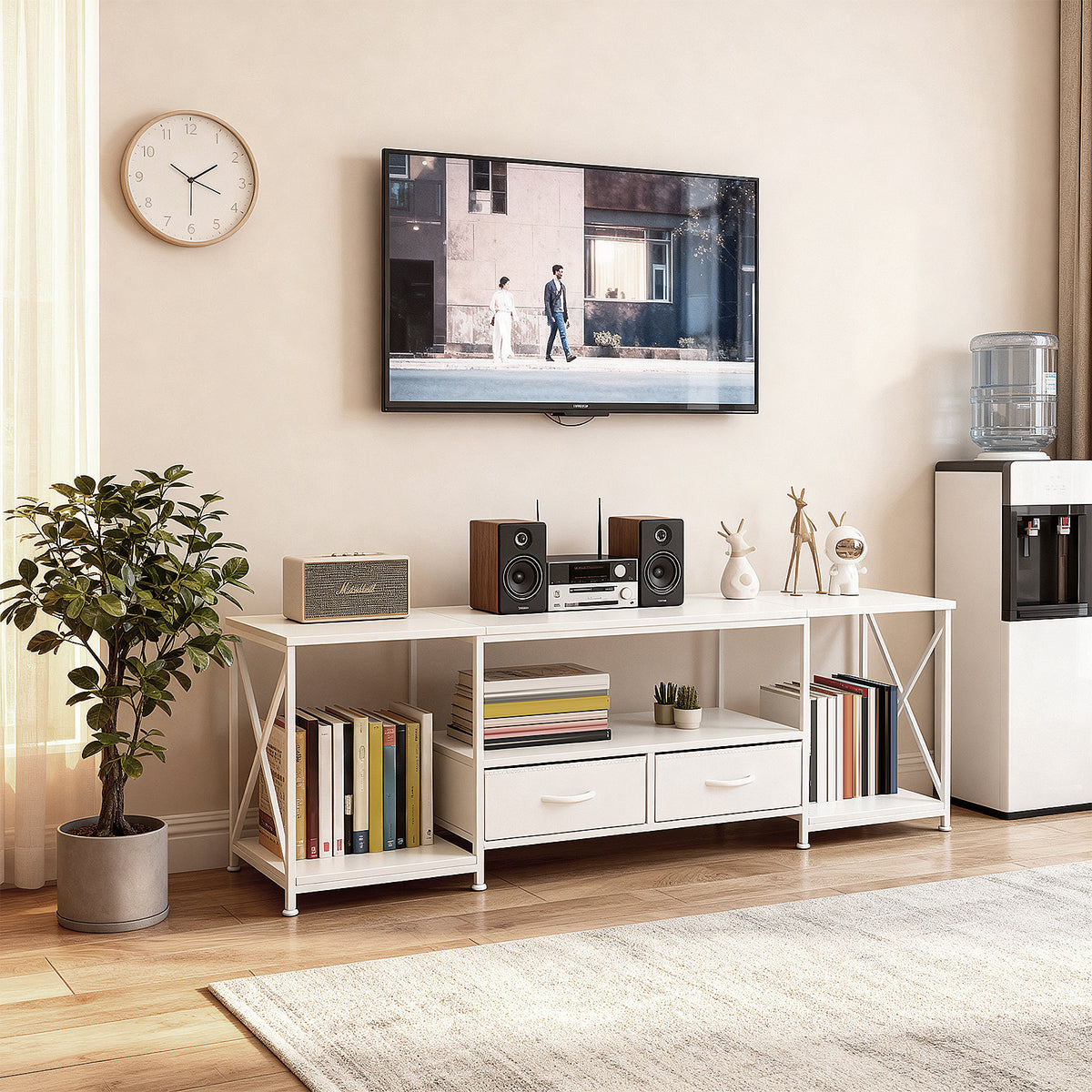 160cm White TV Stand with 2 Fabric Drawers & Open Shelves