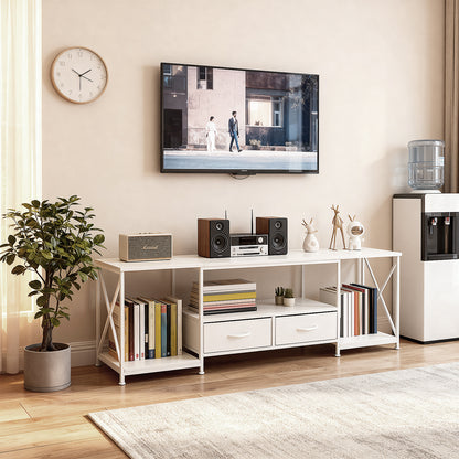 160cm White TV Stand with 2 Fabric Drawers & Open Shelves