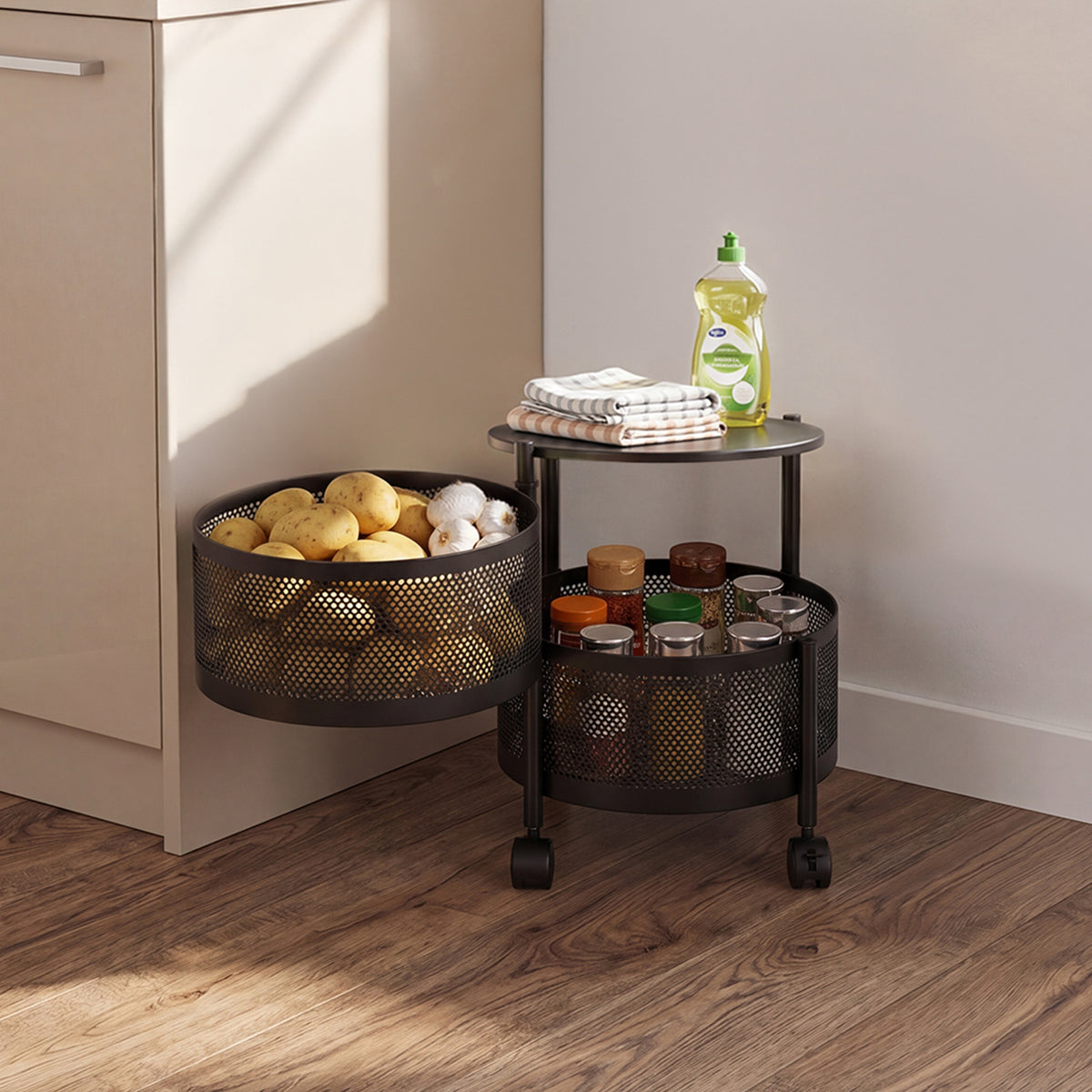 2–5 Tier Kitchen Storage Organiser with Rotating Baskets and Castors