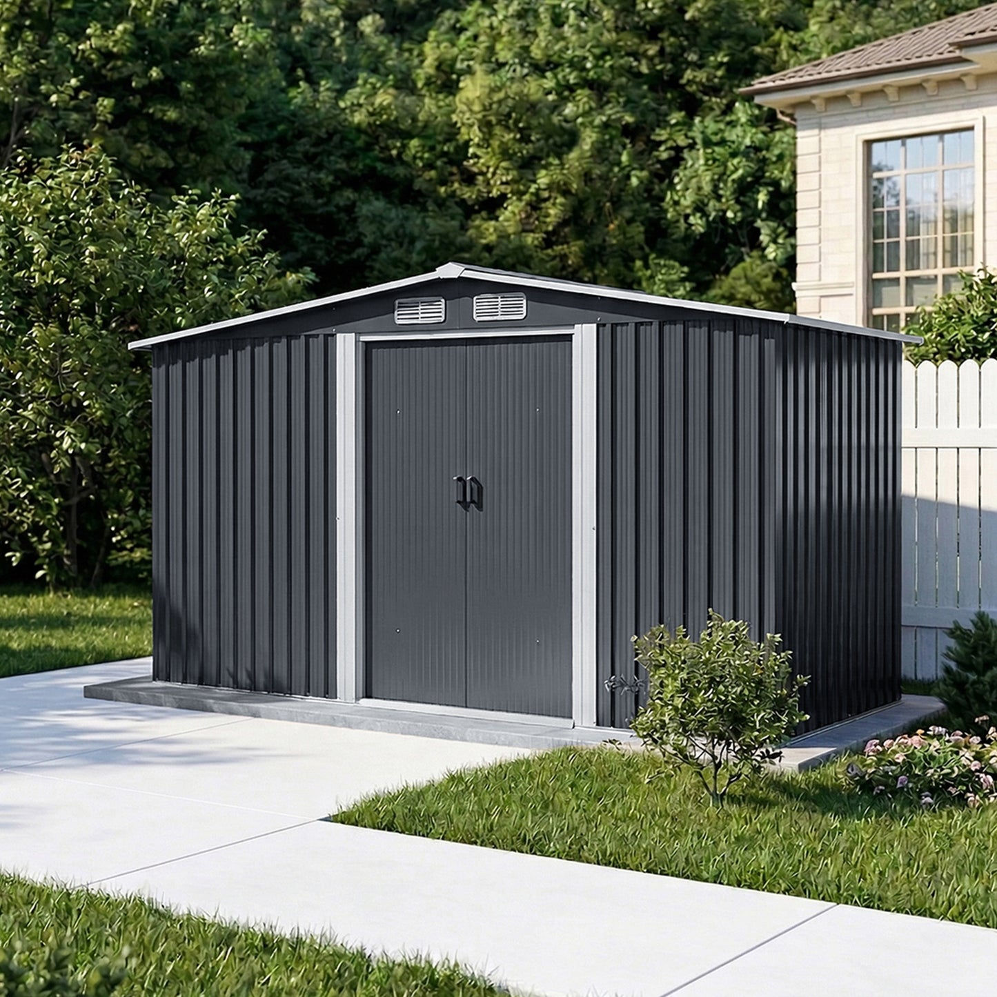 8x4ft Metal Garden Storage Shed with Log Store Apex Roof Sliding Doors