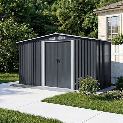 8x4ft Metal Garden Storage Shed with Log Store Apex Roof Sliding Doors