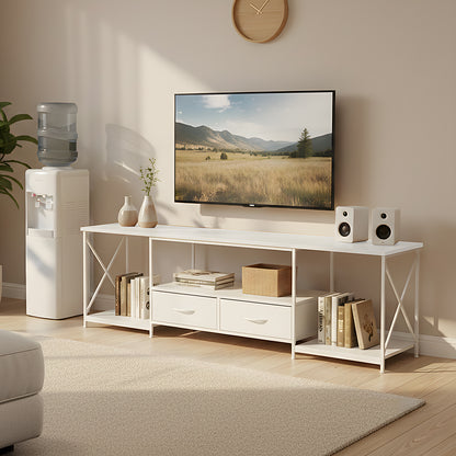 160cm White TV Stand with 2 Fabric Drawers & Open Shelves