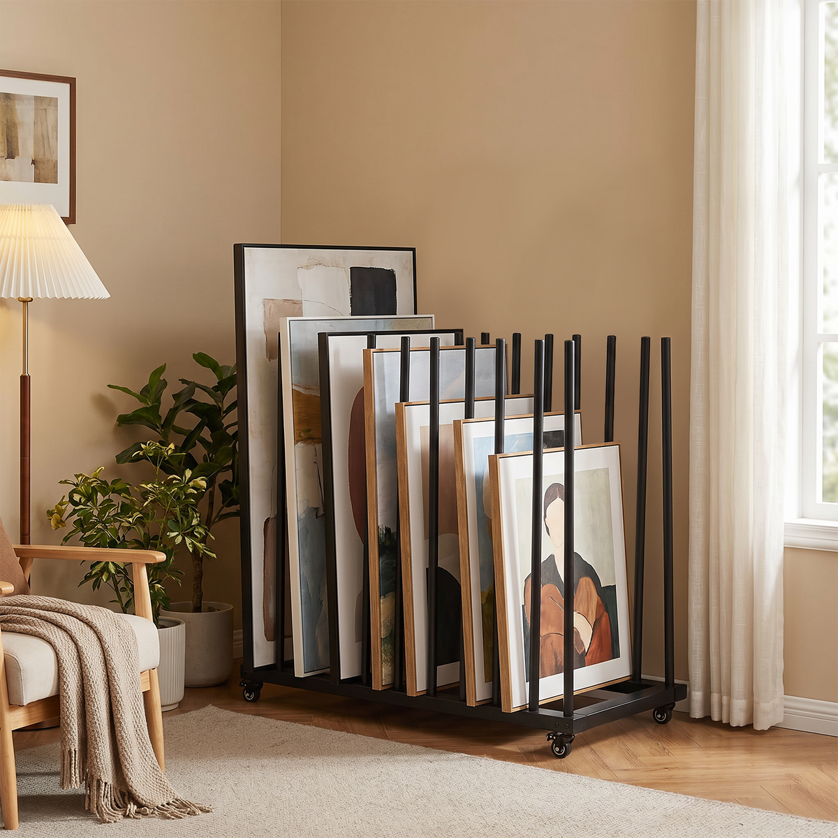 9 Slots Wooden Canvas Art Storage Rack with Castors