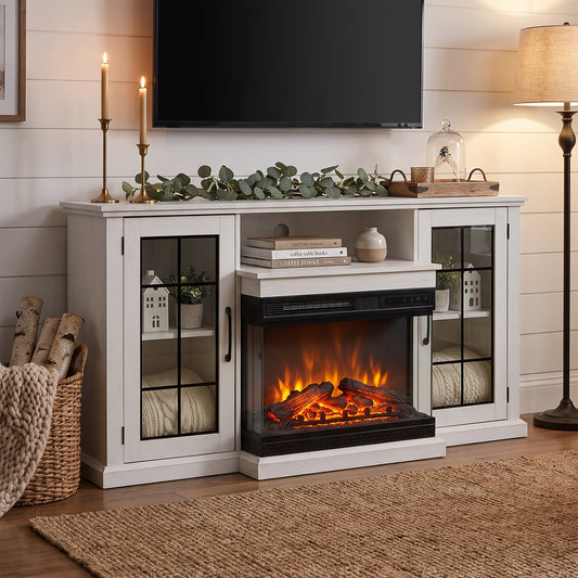 Electric Fireplace TV Stand with Glass Door Storage