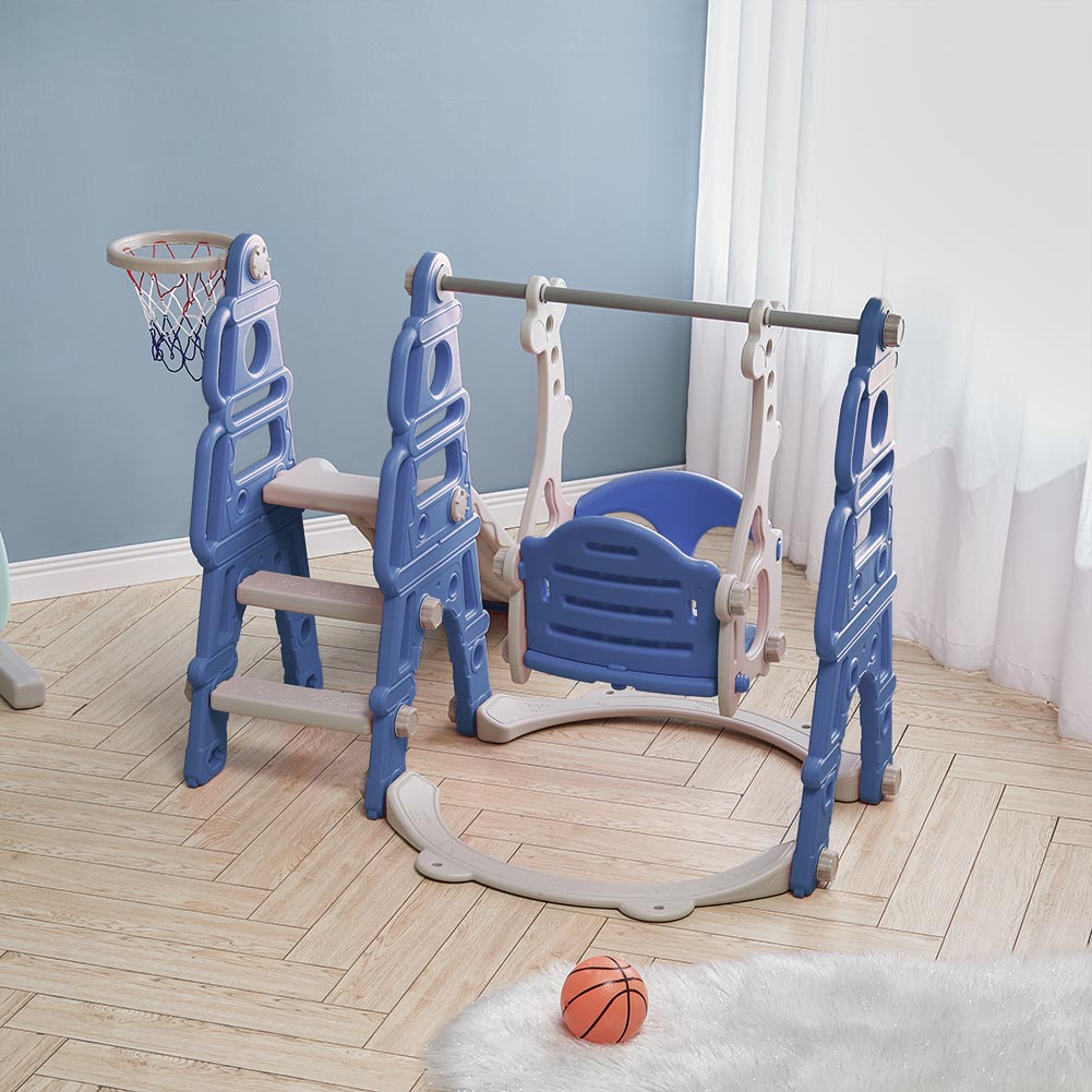 Blue/Pink Kids Toddler Swing and Slide Set with Basketball Hoop