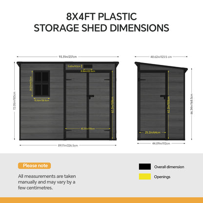 8 x 4 ft Plastic Garden Storage Shed with Pent Roof, Double Doors & Side Door