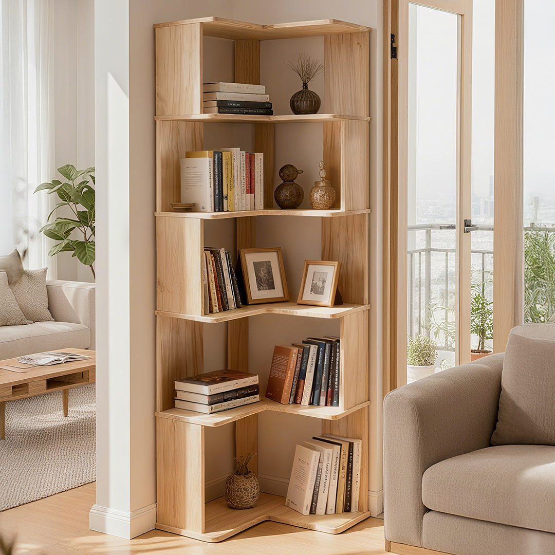 Wooden L-shaped Corner Bookshelf Storage Rack