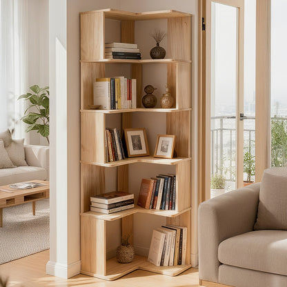 Wooden L-shaped Corner Bookshelf Storage Rack