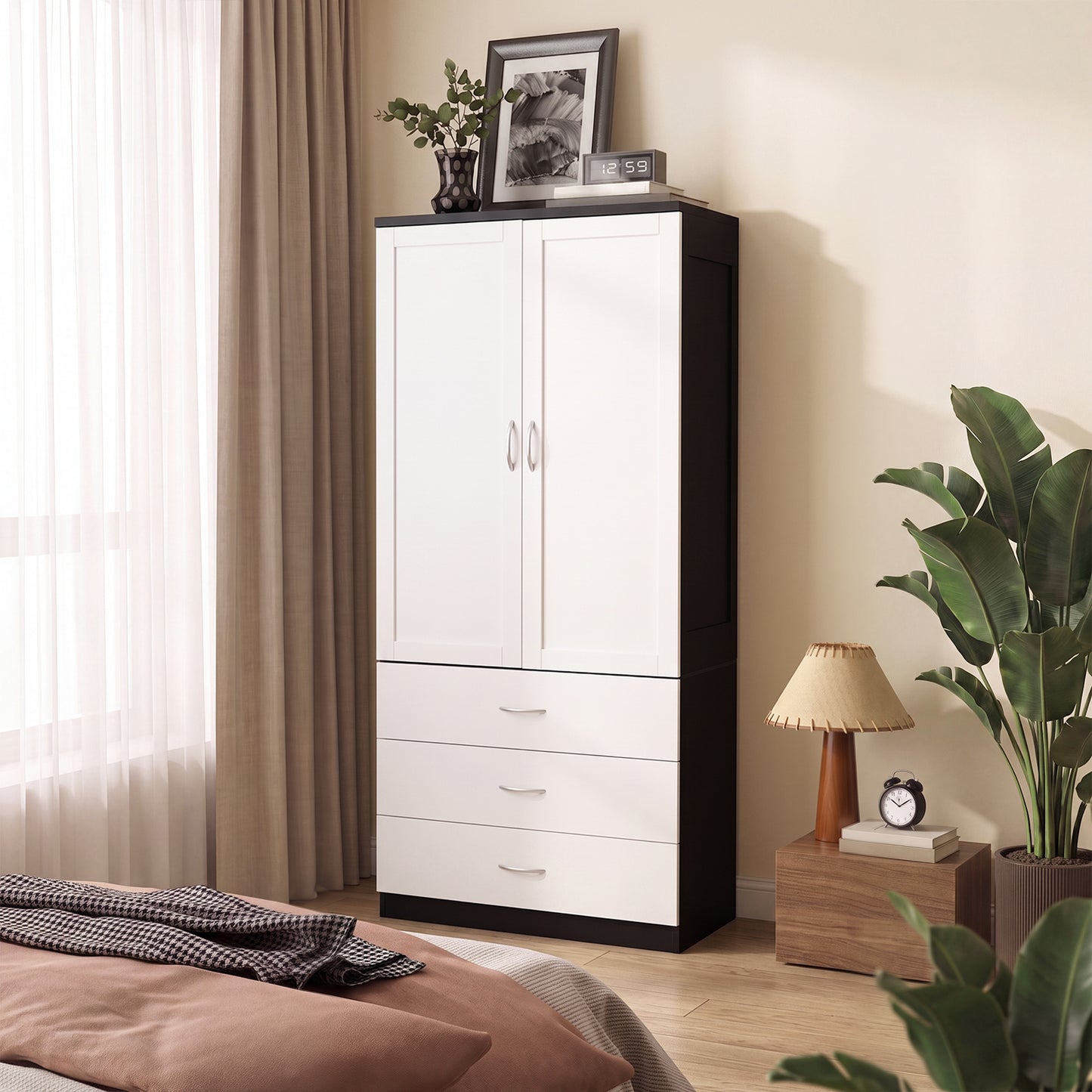 2-Door Wardrobe with 3 Drawers & Hanging Rail