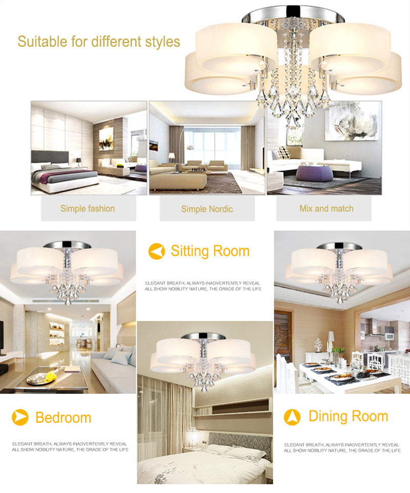 3/5 heads lights of Modern Round Acrylic LED Semi Flush Mount with Crystal Accent