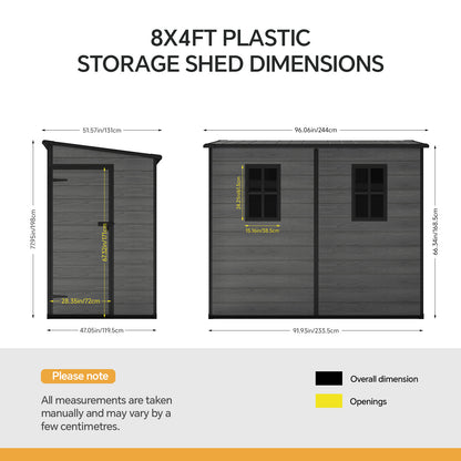 4 x 8 ft Plastic Garden Storage Shed with Pent Roof & Single Door