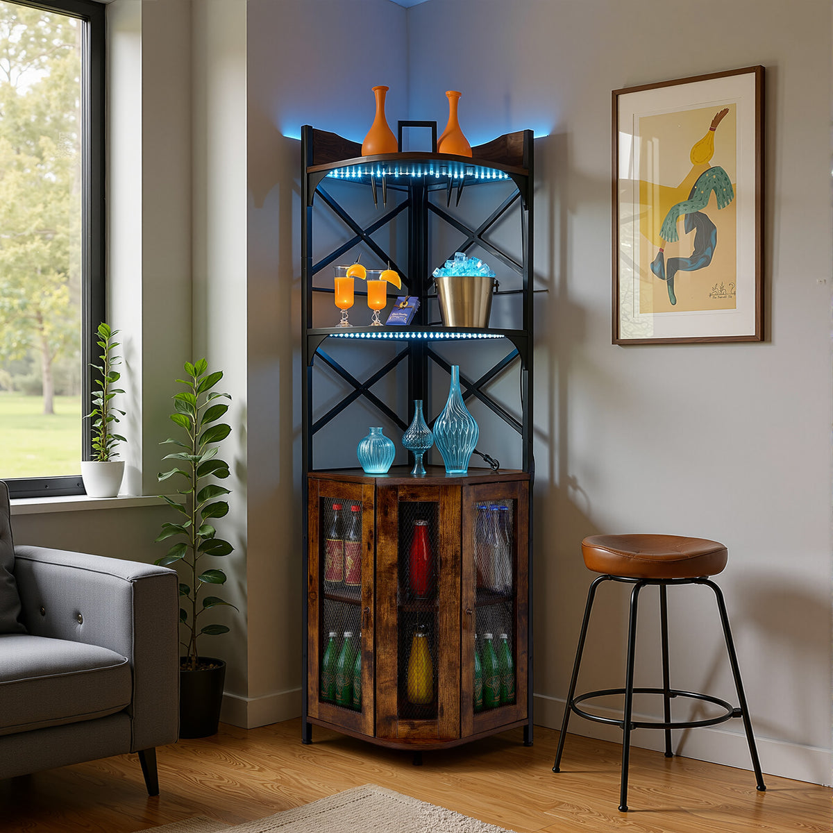 5-Tier Corner Bar Cabinet with Built-in Power Outlet and LED Lights