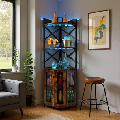 5-Tier Corner Bar Cabinet with Built-in Power Outlet and LED Lights