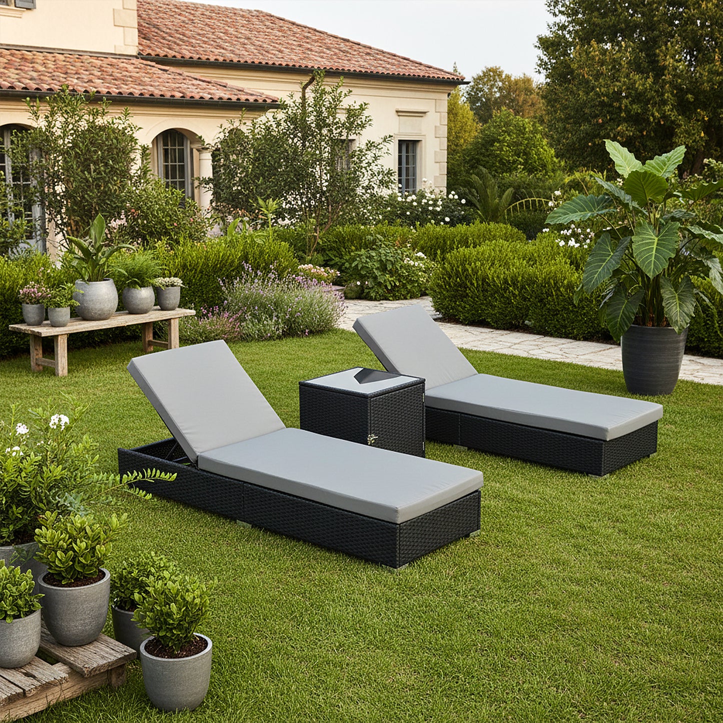 3 Piece Rattan Rattan Sun Lounger with Storage Table