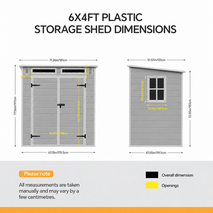 6 x 4 ft Plastic Garden Storage Shed with Pent Roof & Lockable Double Doors