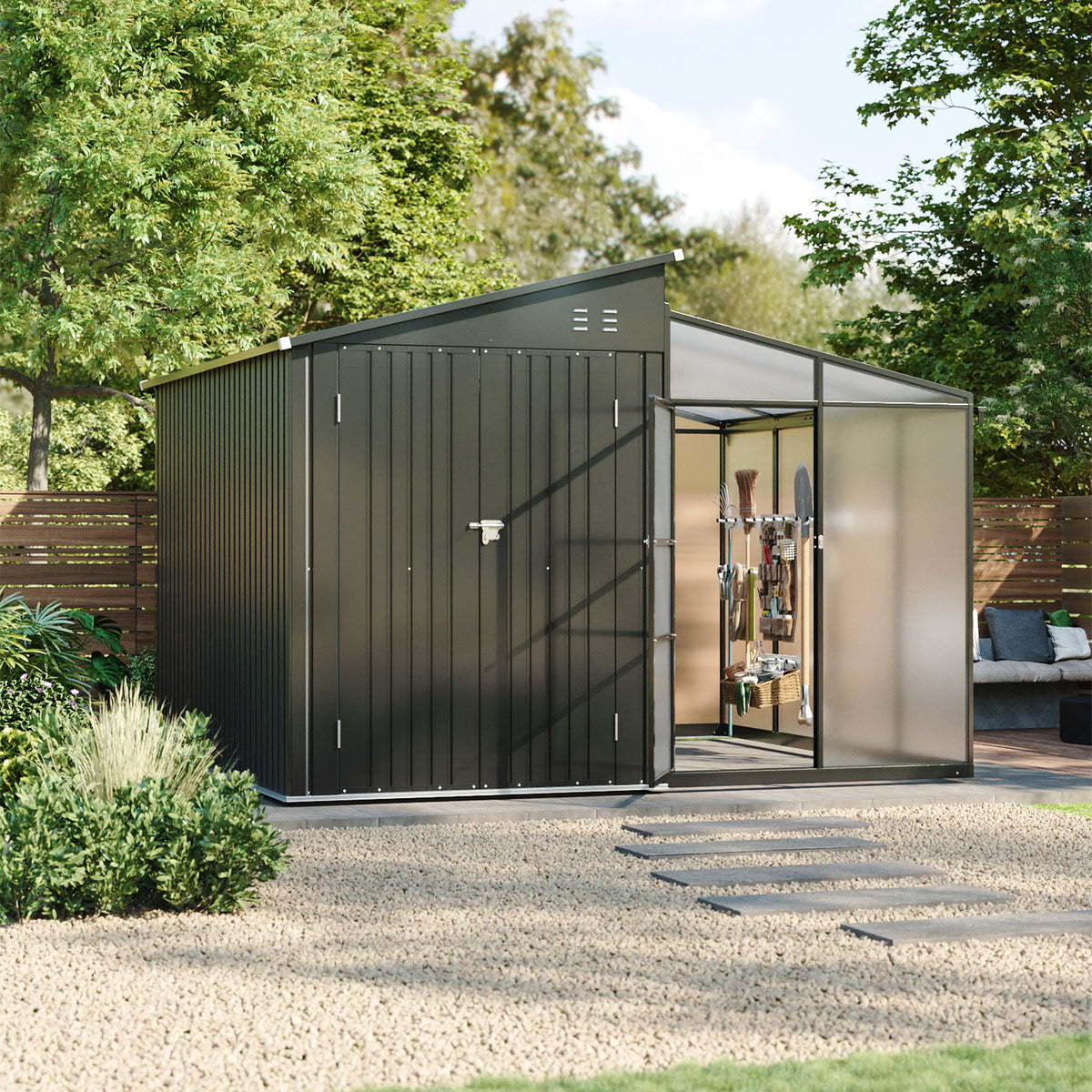 Garden Storage Shed with Lean-To Greenhouse With Double Doors