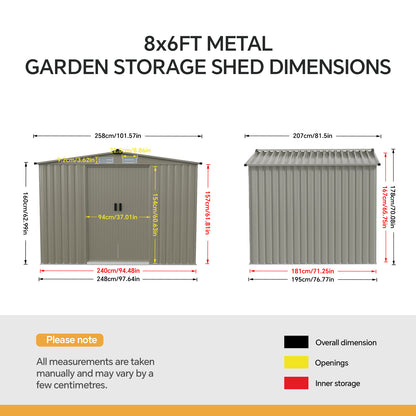 8 x 6 ft Metal Garden Storage Shed with Apex Roof & Double Doors