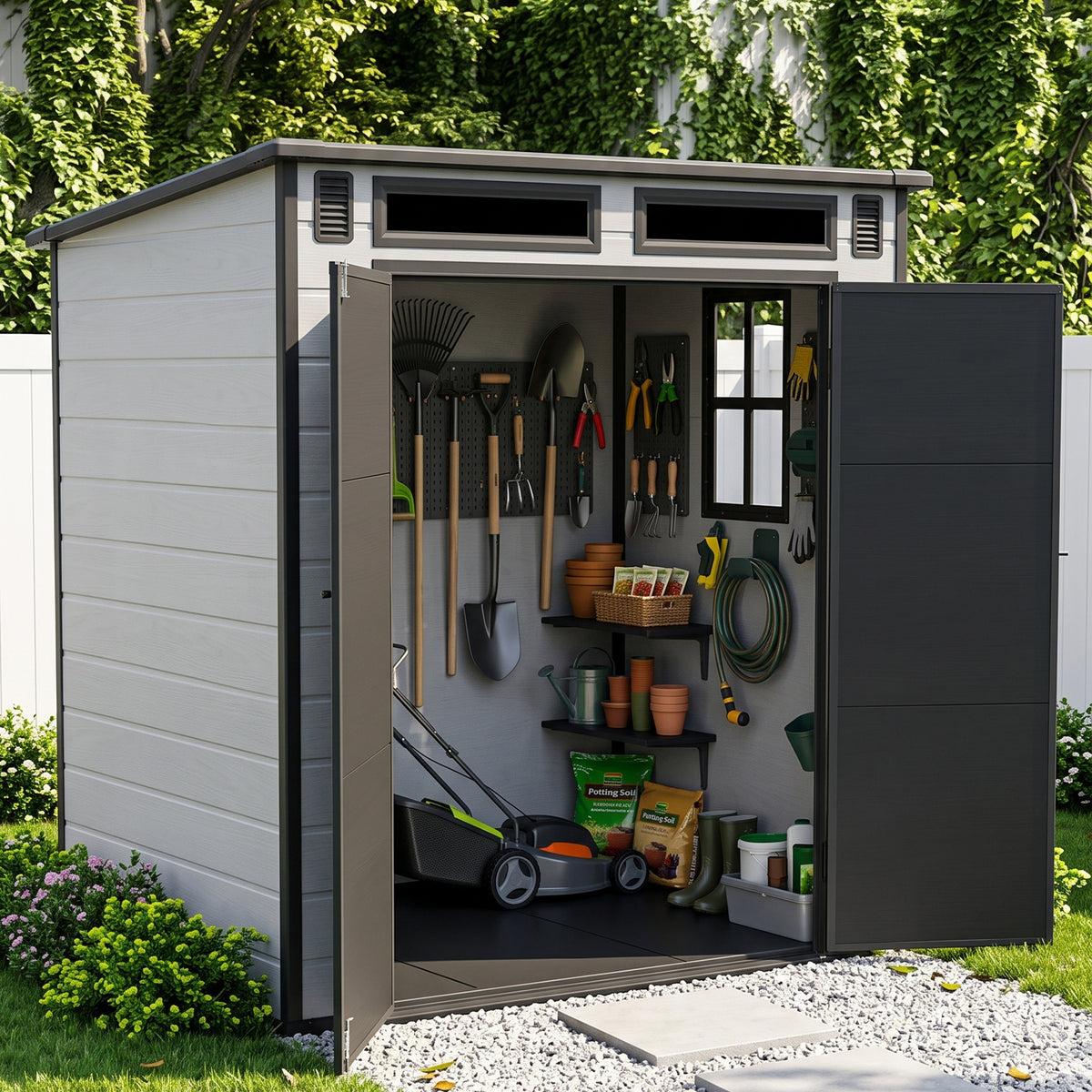 6 x 4 ft Plastic Garden Storage Shed with Pent Roof & Lockable Double Doors