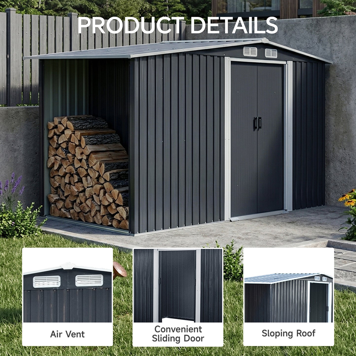 8x4ft Metal Garden Storage Shed with Log Store Apex Roof Sliding Doors