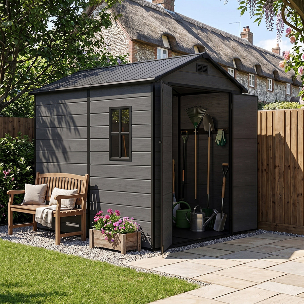 6 x 8 ft Plastic Garden Storage Shed with Apex Roof & Double Doors