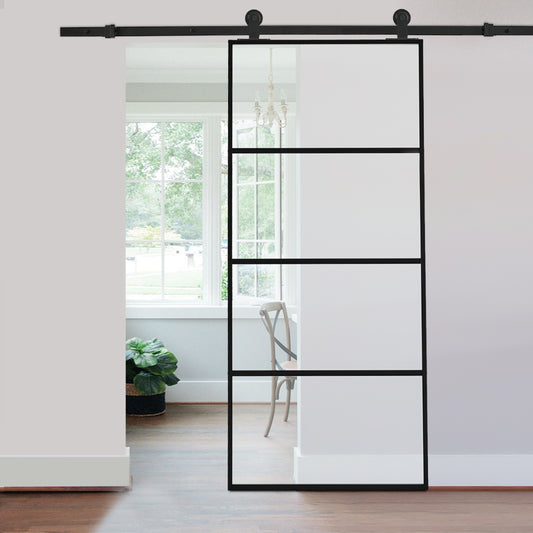 4 Lites Black Framed Transparent Glass Sliding Door without Sliding Hardware Kit