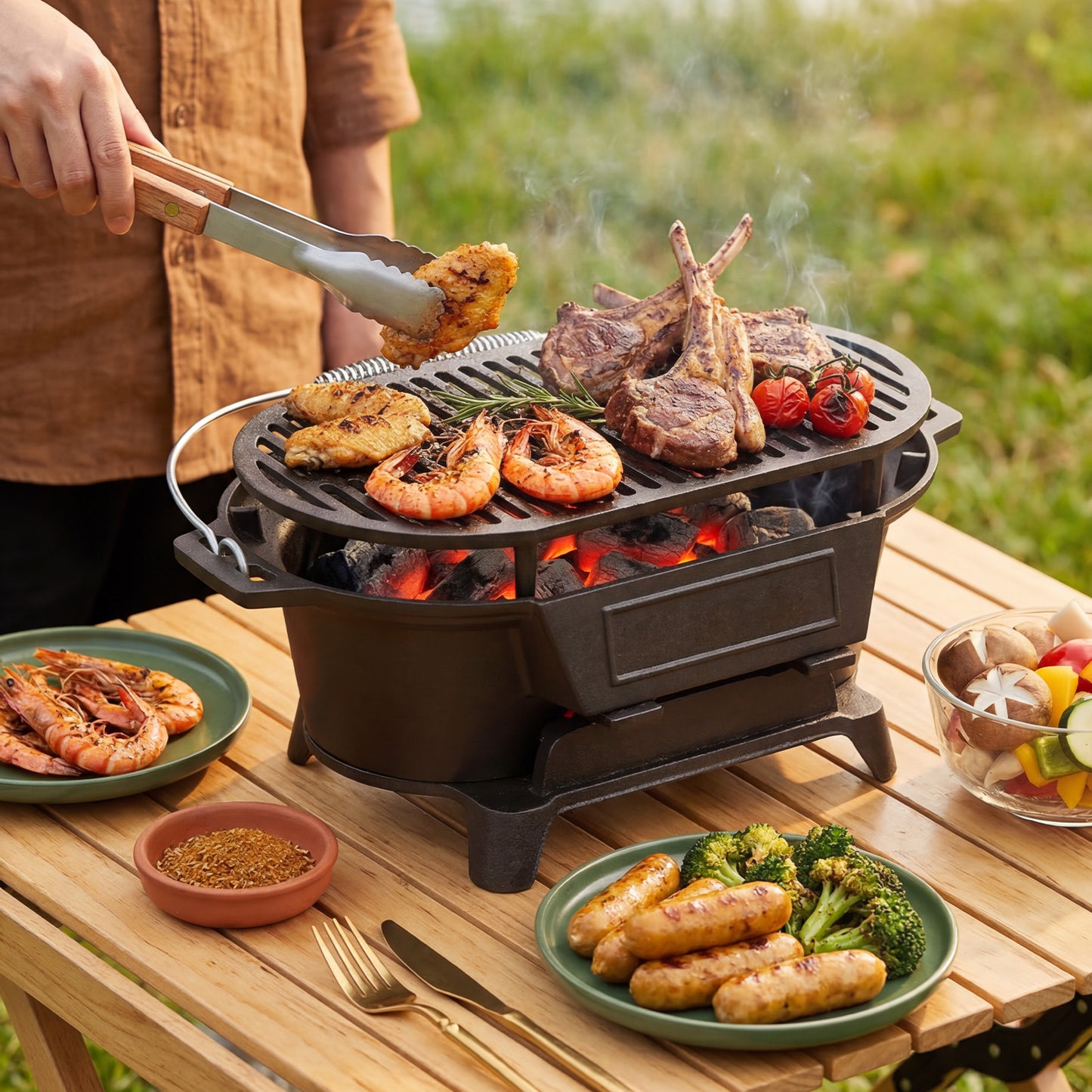 Cast Iron Charcoal Grill with Handle