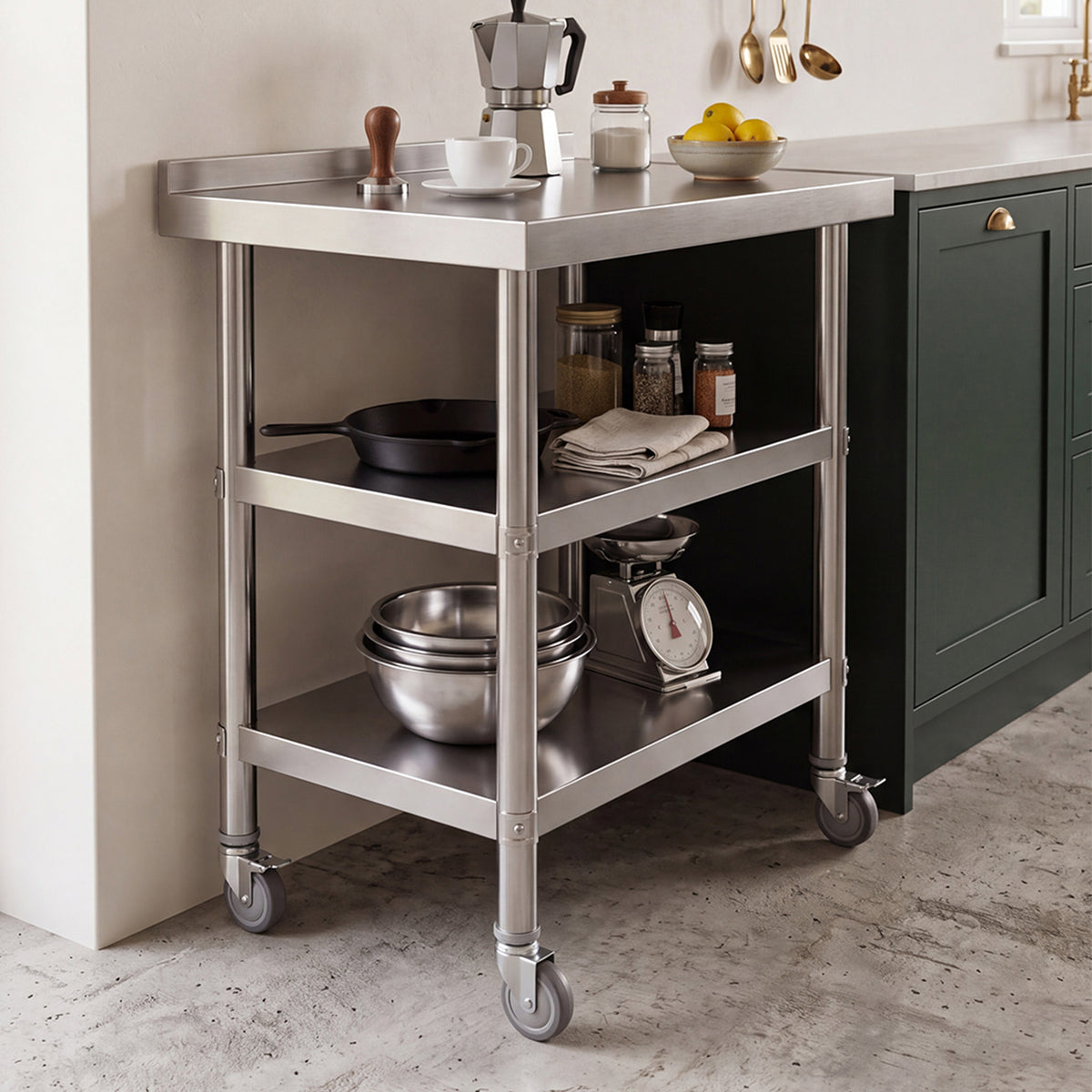 3-Tier Stainless Steel Prep Table with Smooth Castors and Adjustable Feet