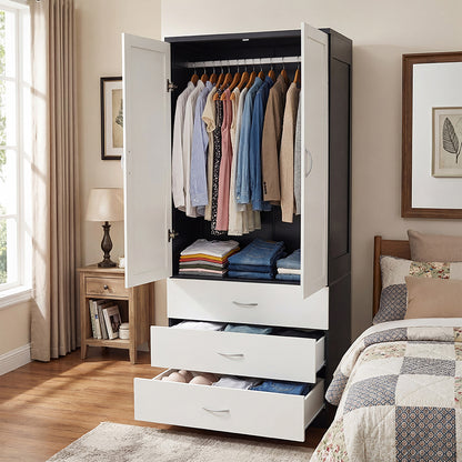 2-Door Wardrobe with 3 Drawers & Hanging Rail