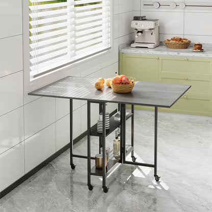Folding Dining Table with Wheels and Storage Shelves