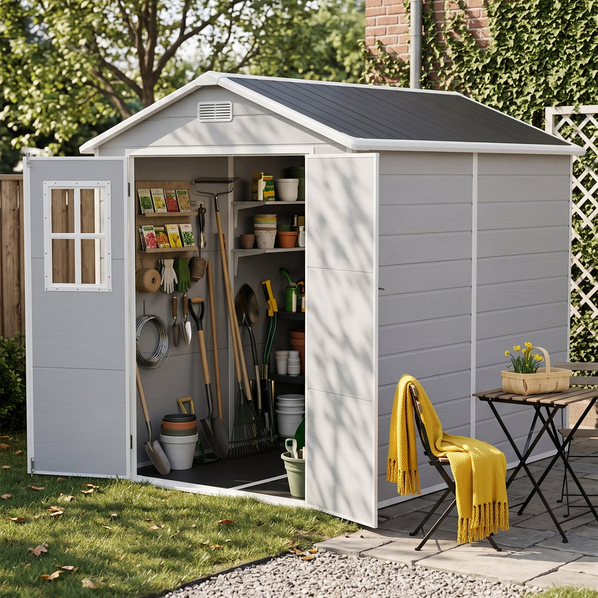 6 x 8 ft Plastic Garden Storage Shed with Apex Roof & Double Doors