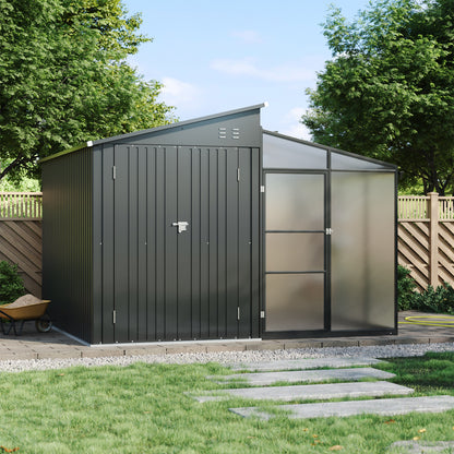 Garden Storage Shed with Lean-To Greenhouse With Double Doors